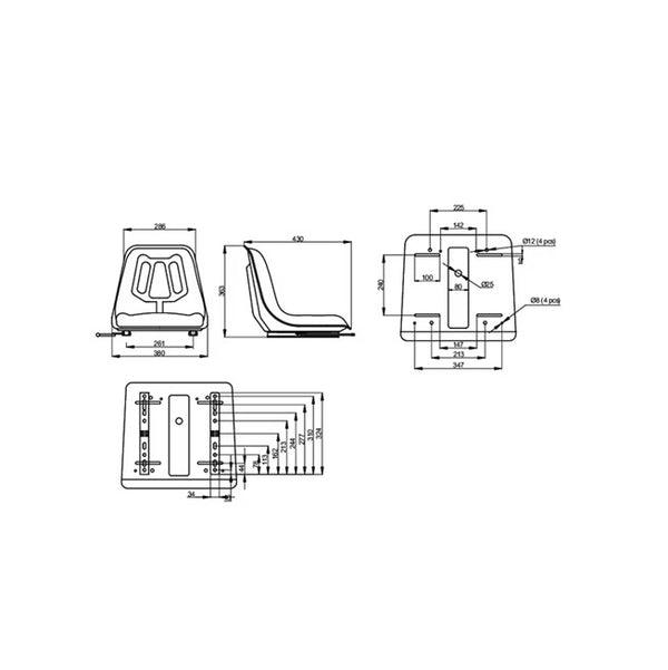 Scaun PVC galben pentru stivuitor schemă montaj detaliat dimensiuni 380x430x363mm, construcție fără suspensie, 