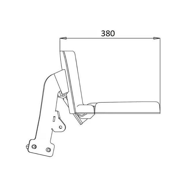 Scaun pasager John Deere vedere laterală cu suport de montaj, dimensiune totală 380mm, schemă tehnică instalare