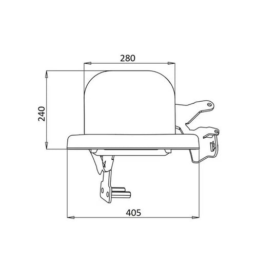 Scaun pasager John Deere dimensiuni tehnice: lățime 405mm, adâncime 280mm, înălțime 240mm, desen tehnic cu cotare