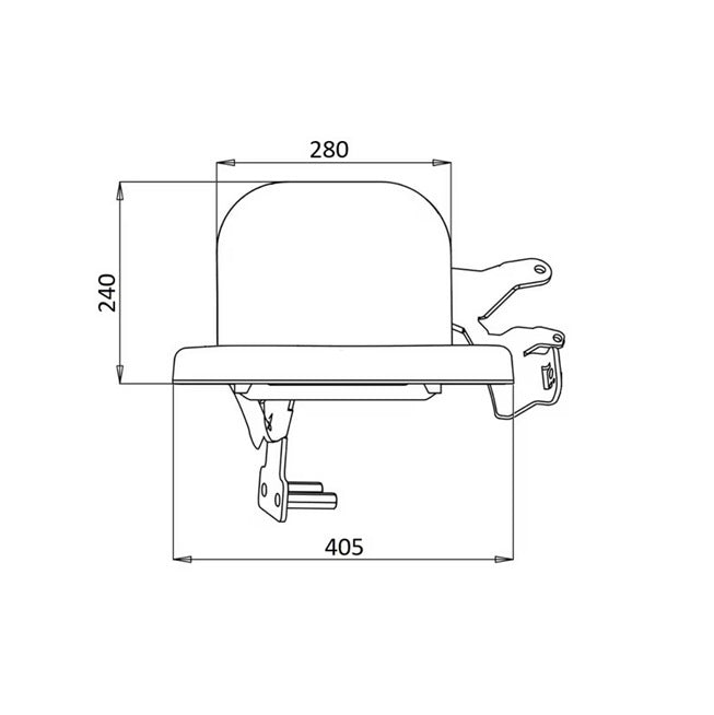 Scaun pasager John Deere dimensiuni tehnice: lățime 405mm, adâncime 280mm, înălțime 240mm, desen tehnic cu cotare