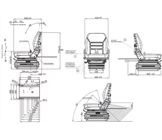 Desen tehnic scaun K-Lux pneumatic - unghiuri reglare spătar 85°/30° și dimensiuni