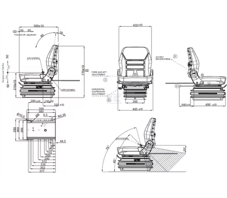 Desen tehnic scaun K-Lux pneumatic - unghiuri reglare spătar 85°/30° și dimensiuni