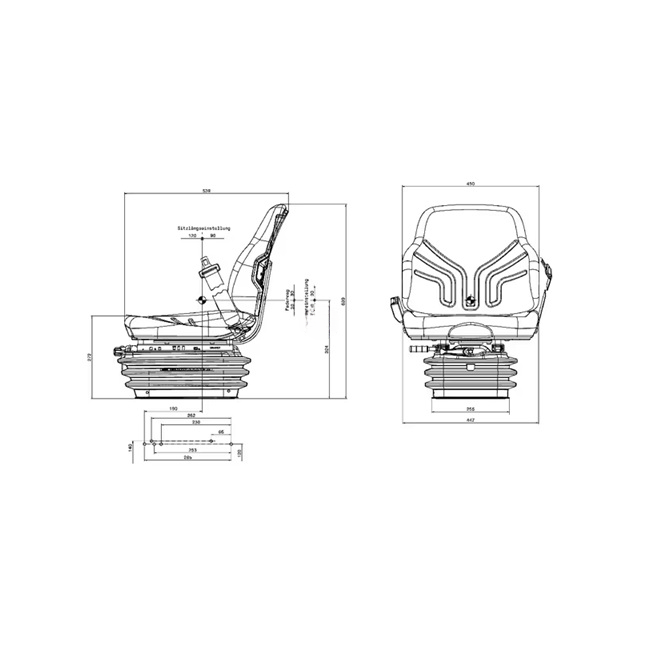 Dimensiuni tehnice scaun cu suspensie mecanică - vedere laterală și frontală