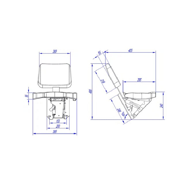 Scaun pasager John Deere desen tehnic cu dimensiuni: lățime 395mm, lungime 455mm, înălțime 488mm, schemă montaj detaliat