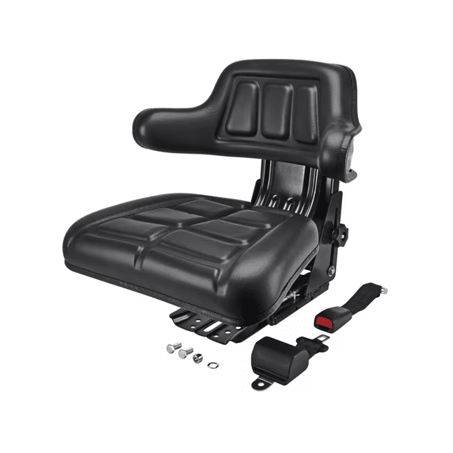 Scaun PVC negru cu suspensie mecanică, centură siguranță inclusă, șuruburi montaj, suport metalic robust, calitate premium