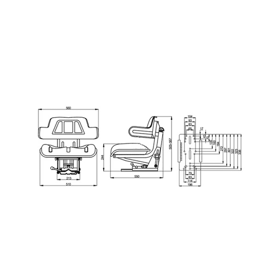 Scaun PVC cu suspensie mecanică desen tehnic: dimensiuni 570x523x565mm, cursă suspensie 6cm, reglare înălțime, schemă montaj detaliat