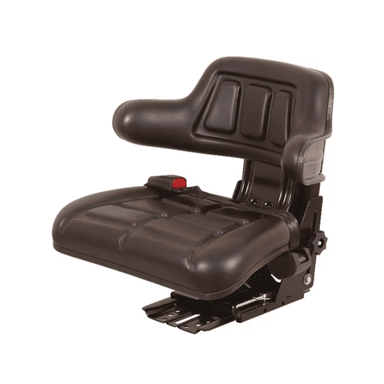 Scaun PVC negru cu suspensie mecanică și cotieră ergonomică, spătar confortabil, capacitate 45-130kg pentru tractoare și utilaje