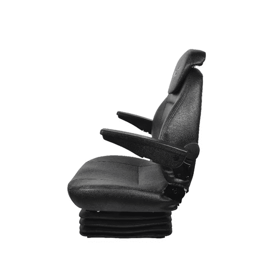 Scaun PVC negru cu suspensie mecanică 10cm, cotieră ergonomică, tetieră reglabilă, spătar ajustabil până la 30°, 50-120kg