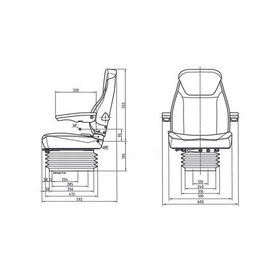 Scaun PVC cu suspensie mecanică desen tehnic: 500x592x750mm, cursă suspensie 10cm, reglaj spătar 30°, schemă montaj detaliat