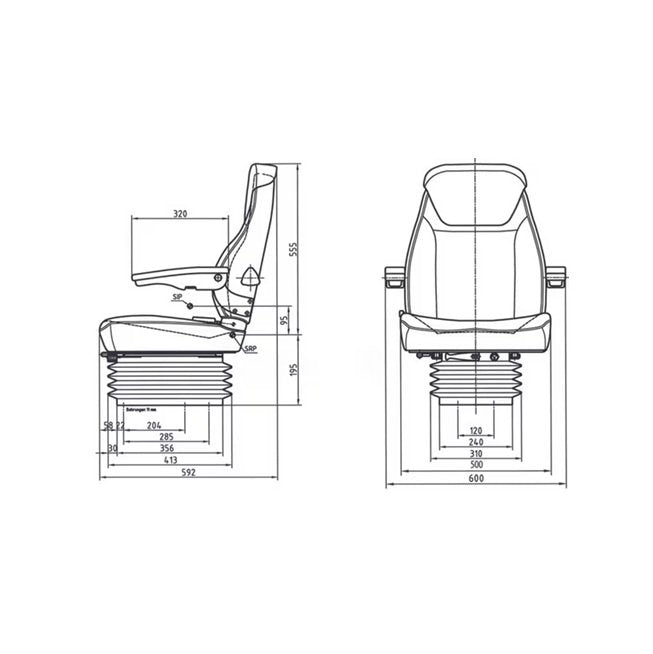 Scaun PVC cu suspensie mecanică desen tehnic: 500x592x750mm, cursă suspensie 10cm, reglaj spătar 30°, schemă montaj detaliat
