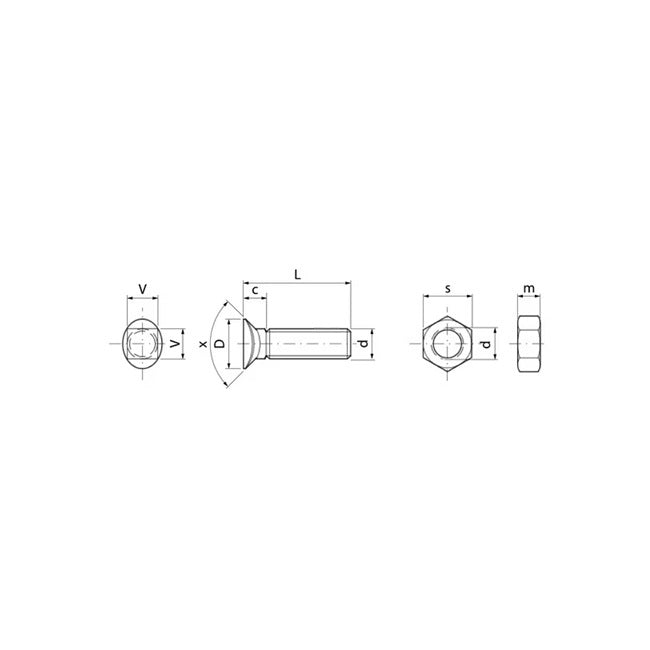 Desen tehnic șurub plug cap conic M10x60mm cu piuliță - dimensiuni și specificații DIN 934
