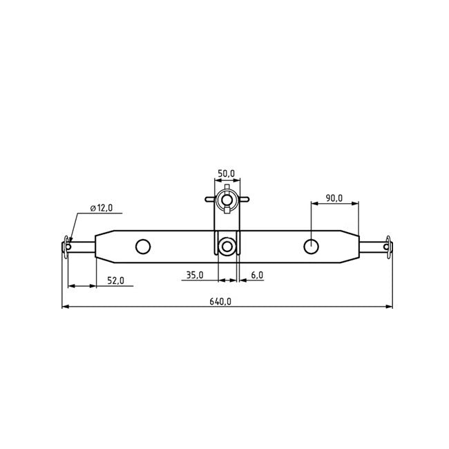 Bară remorcare trei puncte cat. 1 - desen tehnic vedere de sus, lățime 640mm, Ø12mm