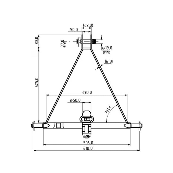 Bară remorcare trei puncte cat. 1 - desen tehnic frontal, lățime interioară 506mm, bilă cârlig Ø50mm