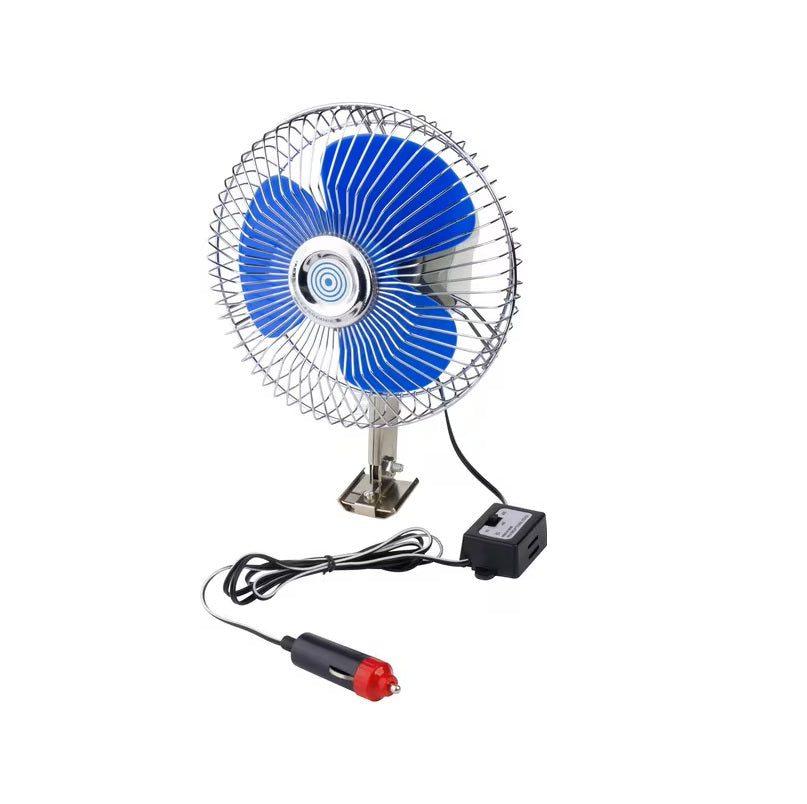 Ventilator electric 12V pentru cabină tractor, diametru 180mm, cu grilă metalică și conector auto